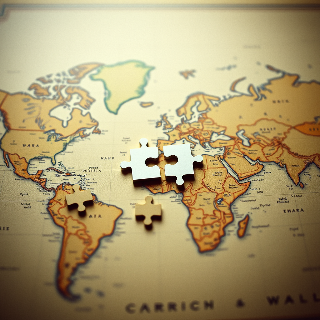 A world map with puzzle pieces on top, symbolizing global unity and collaboration.