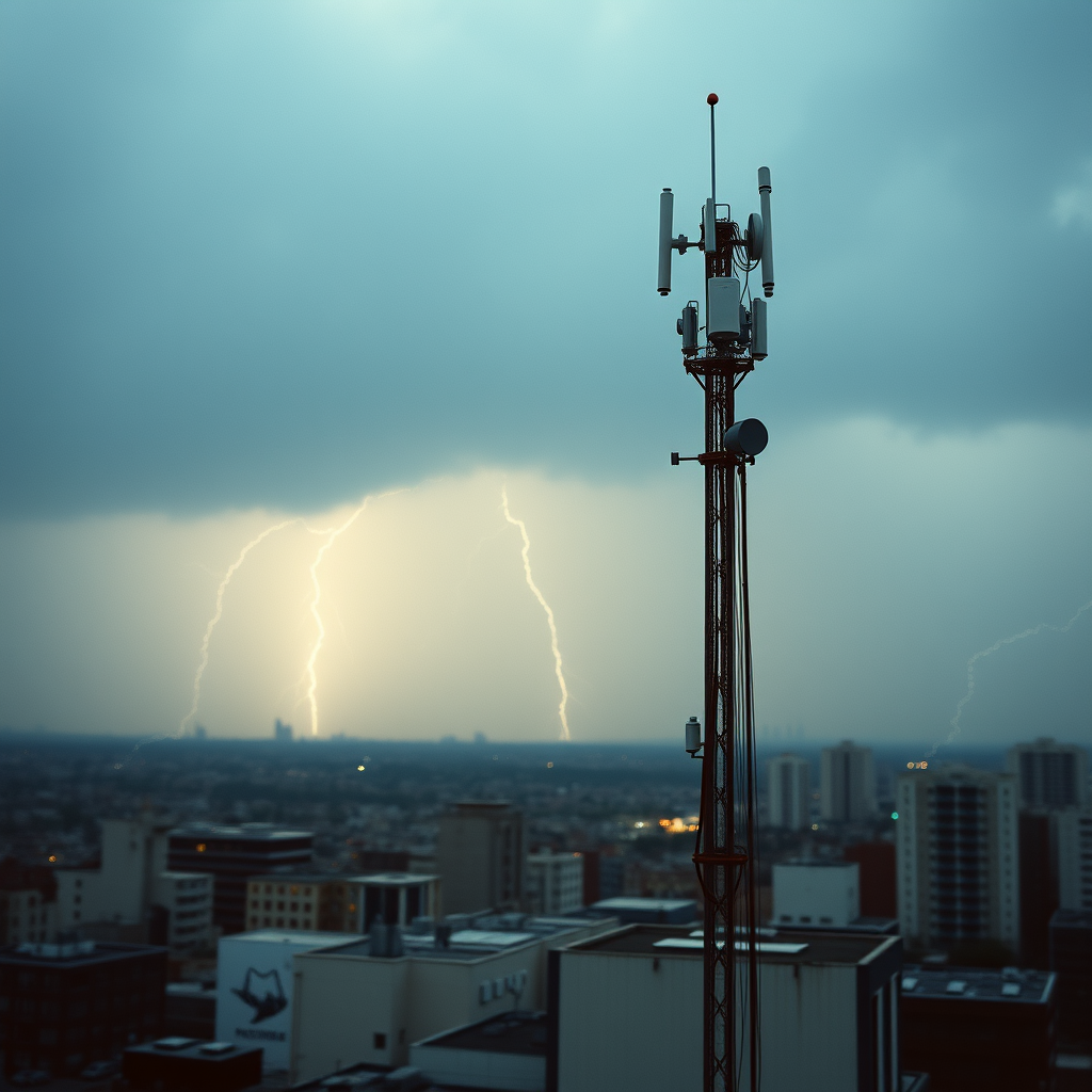 The image of a lightning storm over a cityscape, with cell towers in the foreground. To have everything defined within the...