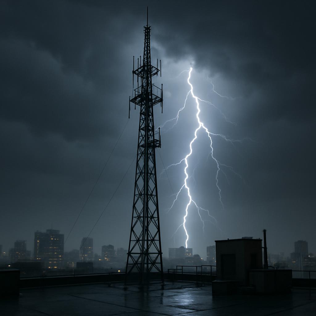 A lightning bolt strike into an electrical tower on a rooftop in a metropolitan setting, with dark sky and visible citysca...